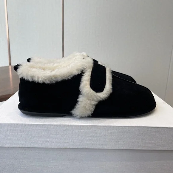 The Row Black Slippers with Cream Fur
